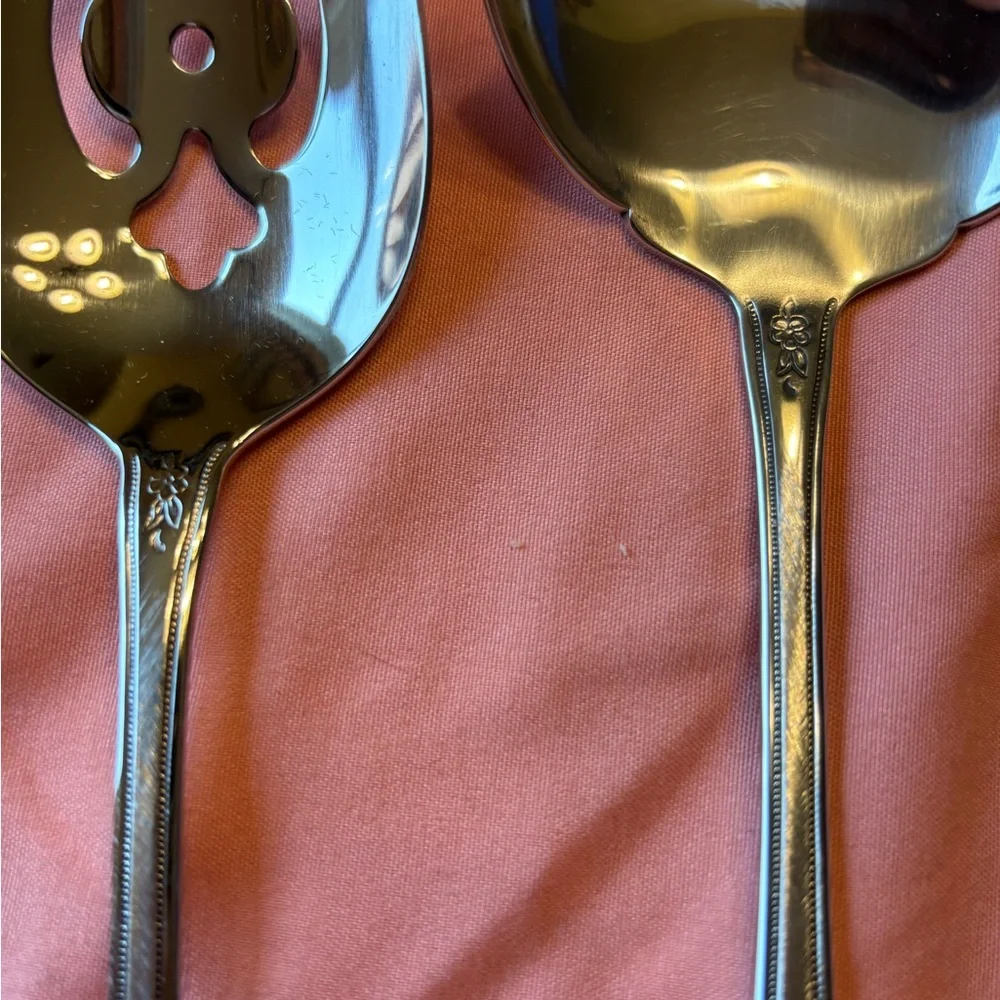 Oneida Morning Blossom Pattern Stainless Steel Serving Spoon Set Silver Finish